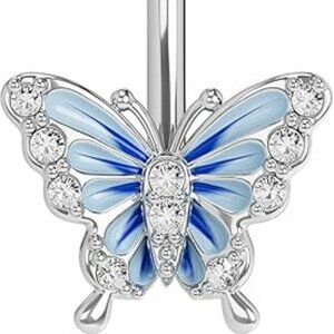 Naval Belly Button Piercing Jewelry Ring Butterfly Barbell Style Blue Silver
